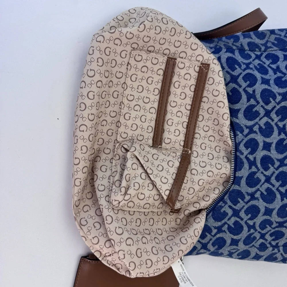 Guess Hobo Shoulder Bag Denim Blue Print Satchel Wells W/ Small Zip Card Pouch